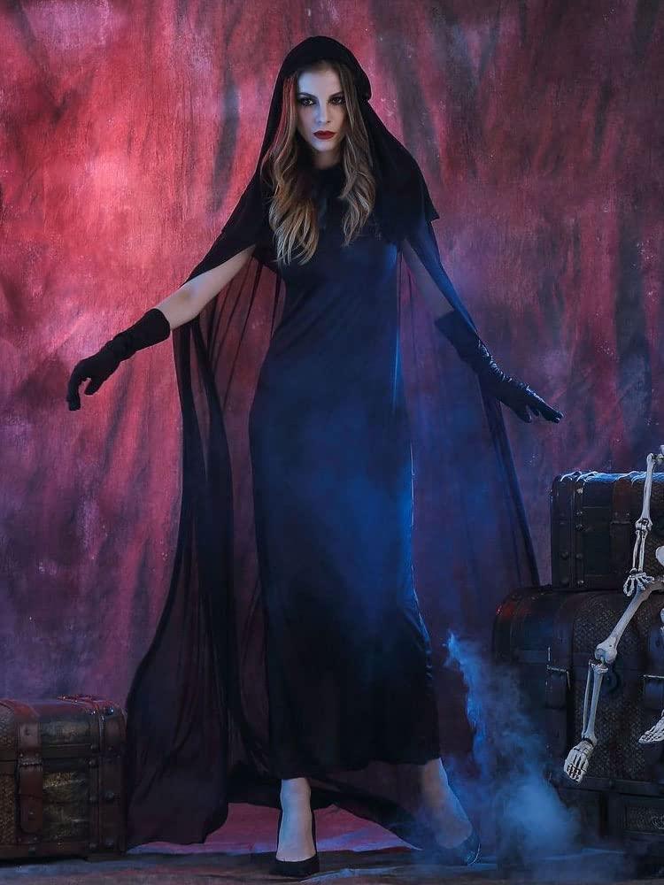 HOMELEX Black Witch Velvet Cloak Halloween Hooded Cape Queen King Robe Outfit Renaissance Medieval Costume - HOMELEX