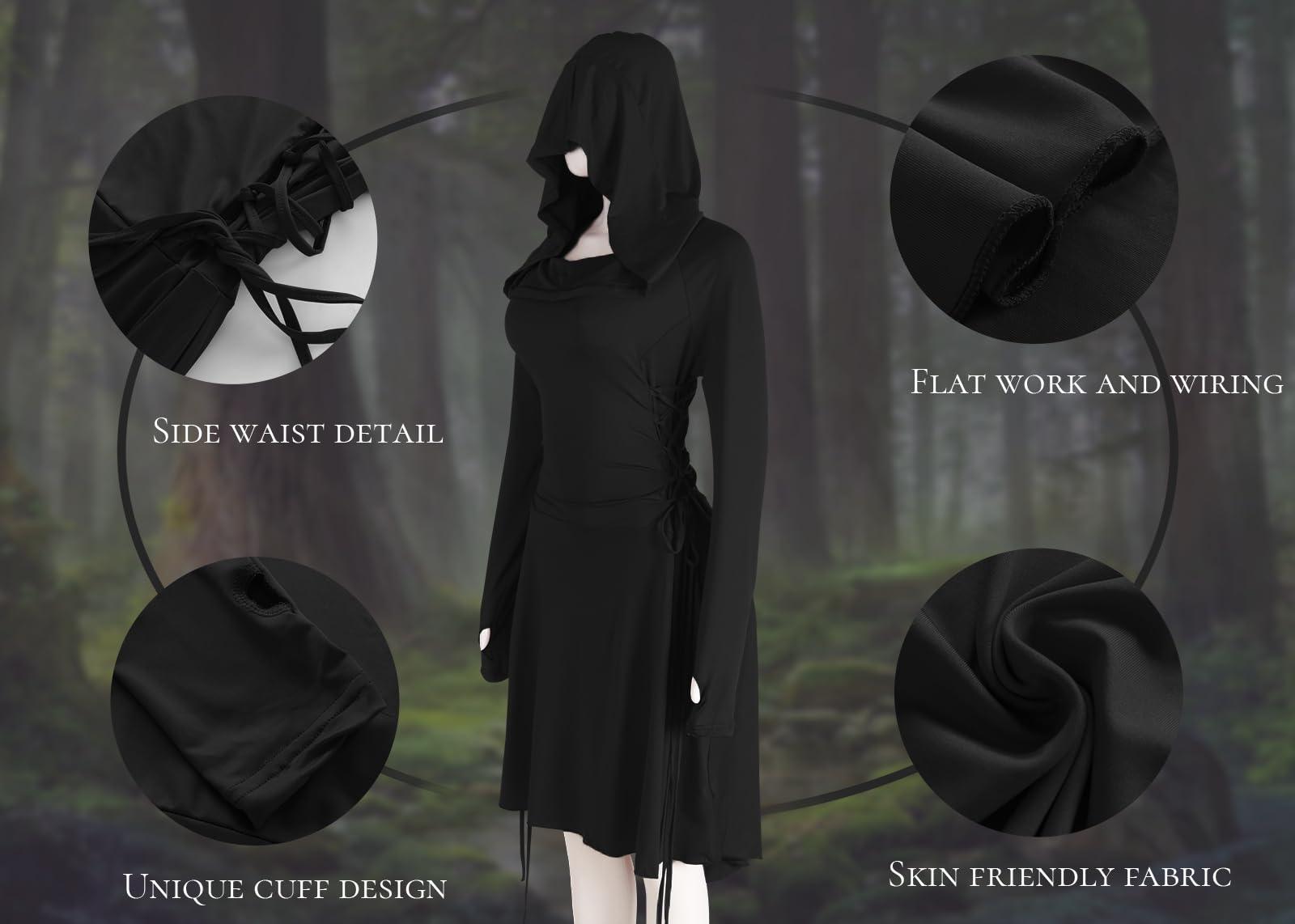 HOMELEX Renaissance Dress with Hood for Women - Medieval Ren Fair Hooded Cloak Halloween Robes Costume Black - HOMELEX