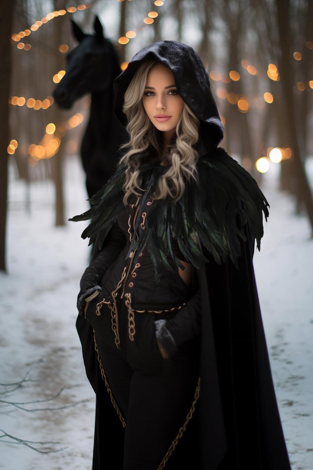 HOMELEX Unisex Solid Velvet Adult Full Length Hooded Robe Cape with Classic Gothic Feather Cloak Suit - HOMELEX