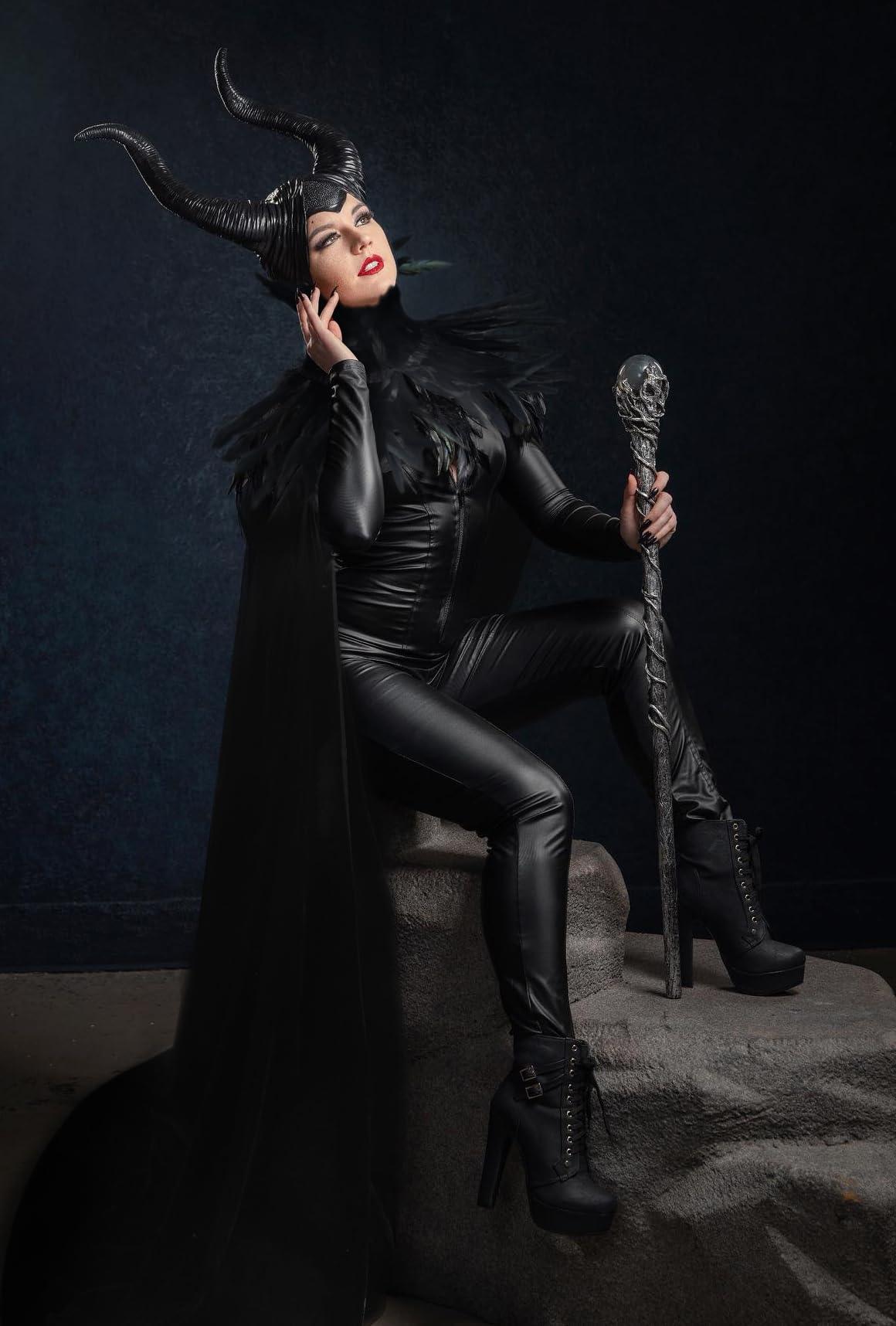 HOMELEX Evil Queen Horns with Feather Cape Shawl Set Black Halloween Costume for Women - HOMELEX