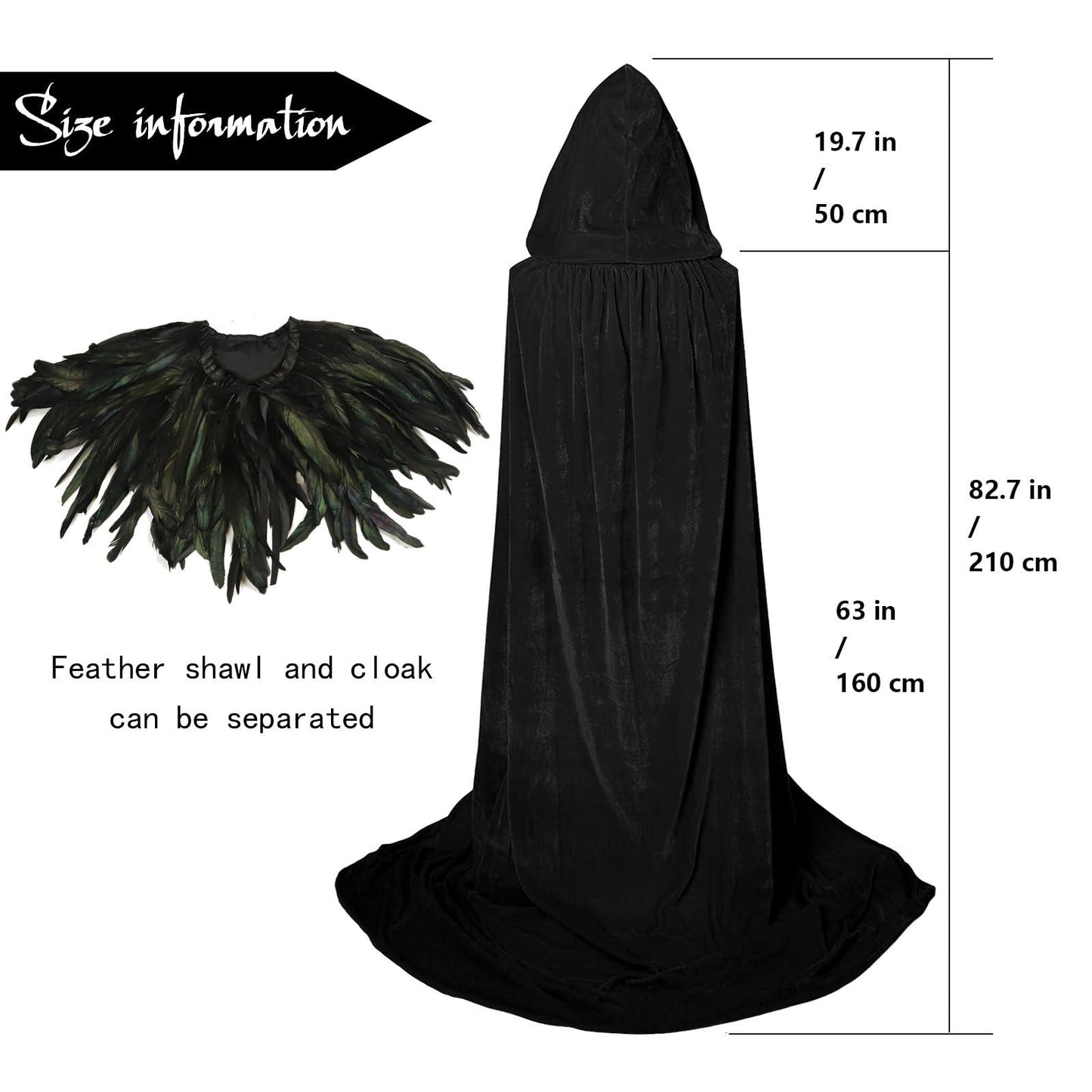 HOMELEX Unisex Solid Velvet Adult Full Length Hooded Robe Cape with Classic Gothic Feather Cloak Suit - HOMELEX