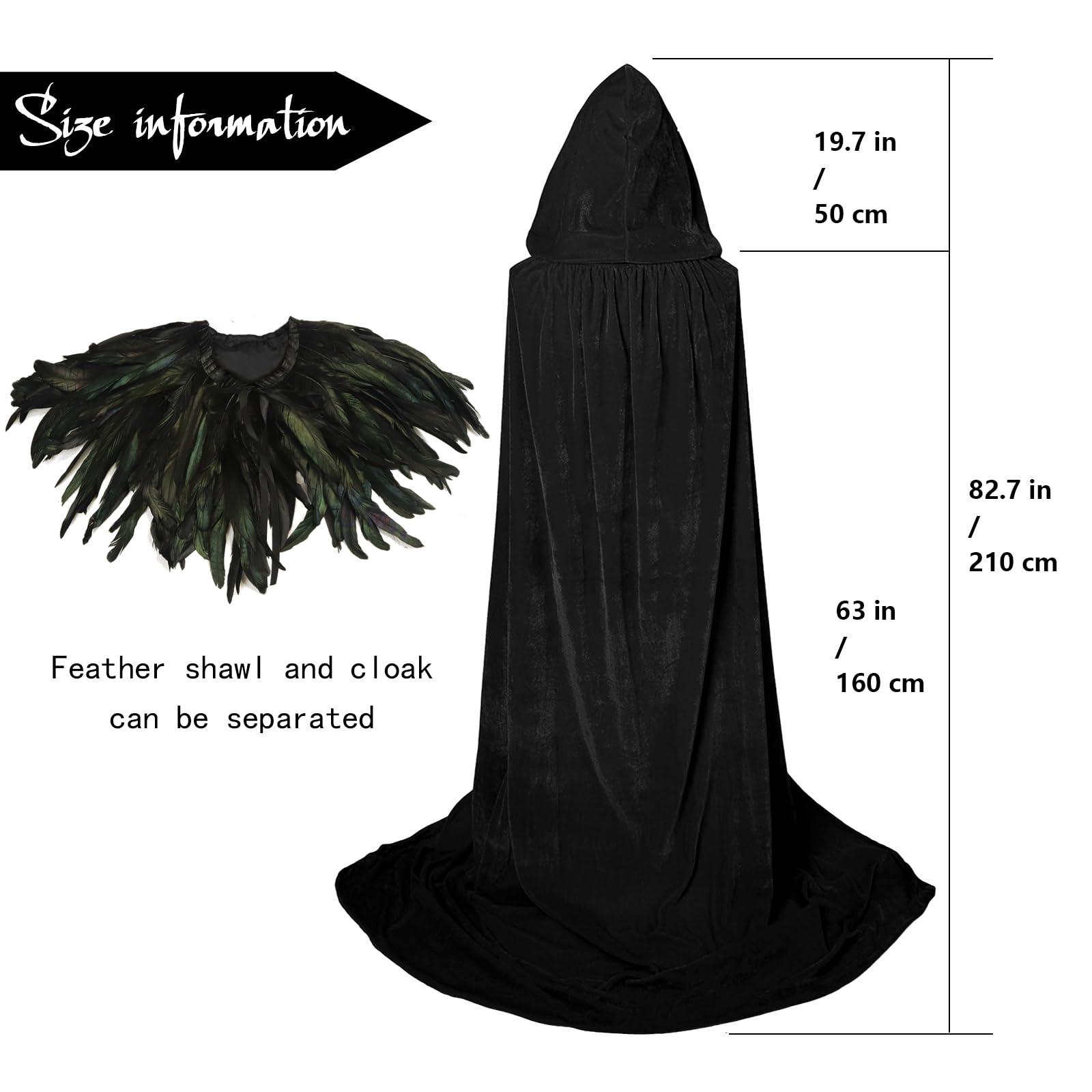 HOMELEX Unisex Solid Velvet Adult Full Length Hooded Robe Cape with Classic Gothic Feather Cloak Suit - HOMELEX