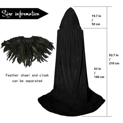 HOMELEX Unisex Solid Velvet Adult Full Length Hooded Robe Cape with Classic Gothic Feather Cloak Suit - HOMELEX