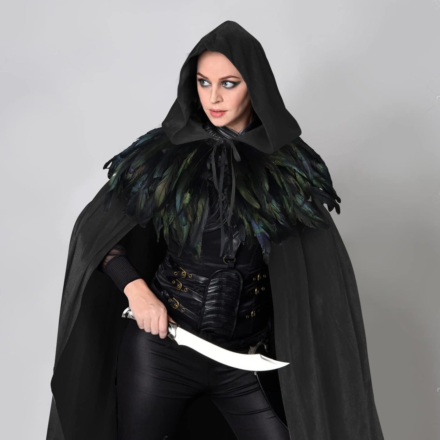 HOMELEX Unisex Solid Velvet Adult Full Length Hooded Robe Cape with Classic Gothic Feather Cloak Suit - HOMELEX