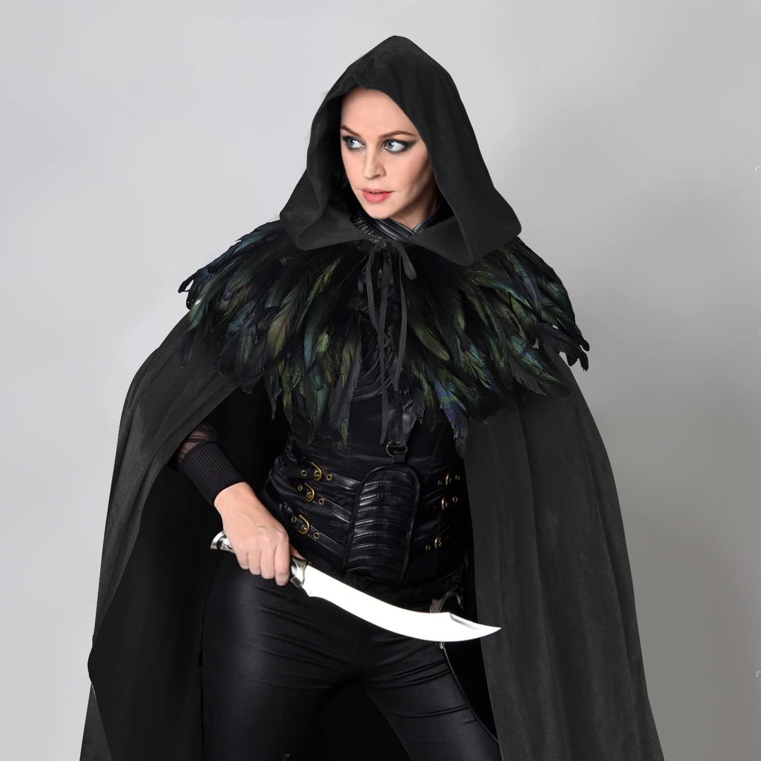 HOMELEX Unisex Solid Velvet Adult Full Length Hooded Robe Cape with Classic Gothic Feather Cloak Suit - HOMELEX