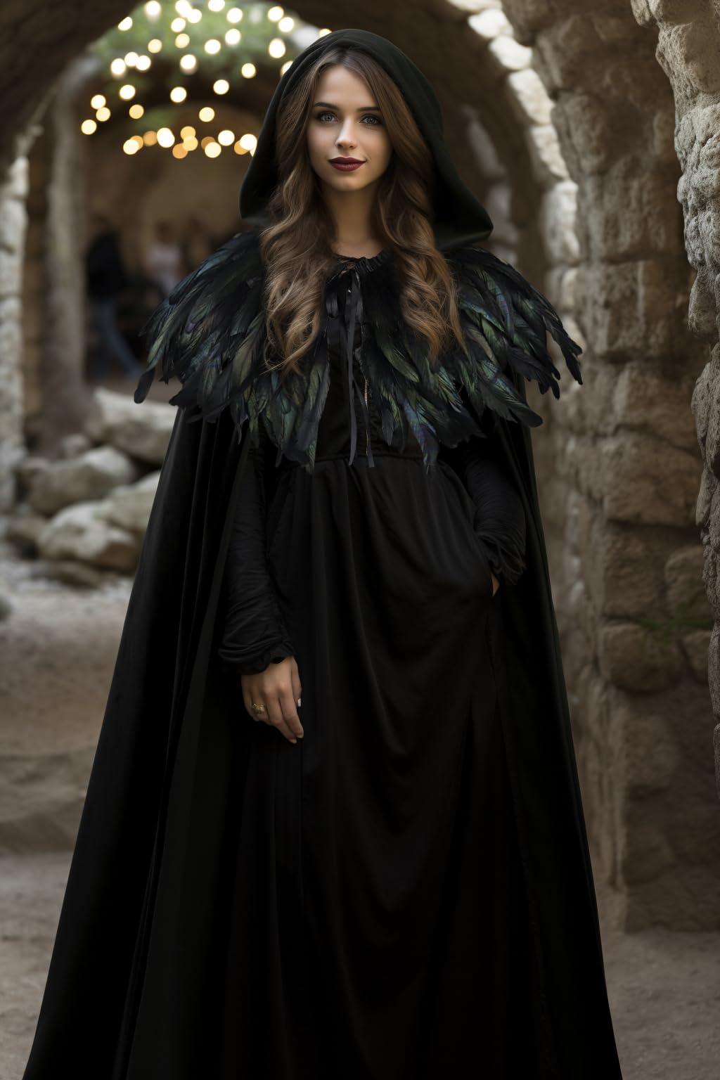 HOMELEX Unisex Solid Velvet Adult Full Length Hooded Robe Cape with Classic Gothic Feather Cloak Suit - HOMELEX