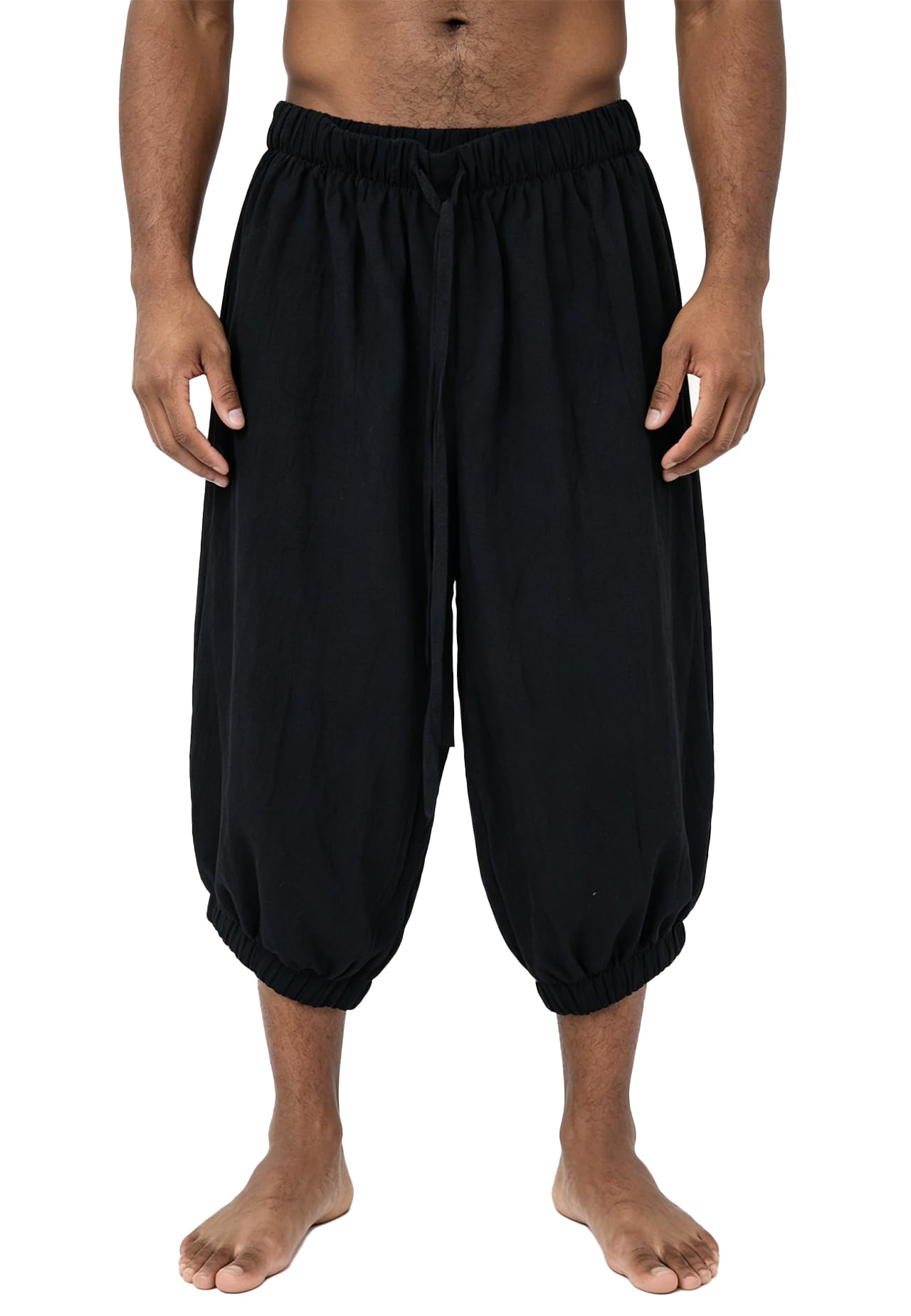 Black Cotton-Linen Cropped Pants, Loose Baggy Relaxed Fit, Elastic Waistband, Cuffed Hem, Casual Everyday Wear