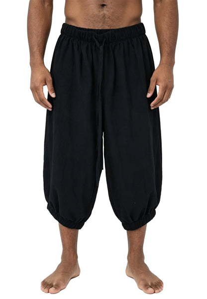 Black Cotton-Linen Cropped Pants, Loose Baggy Relaxed Fit, Elastic Waistband, Cuffed Hem, Casual Everyday Wear