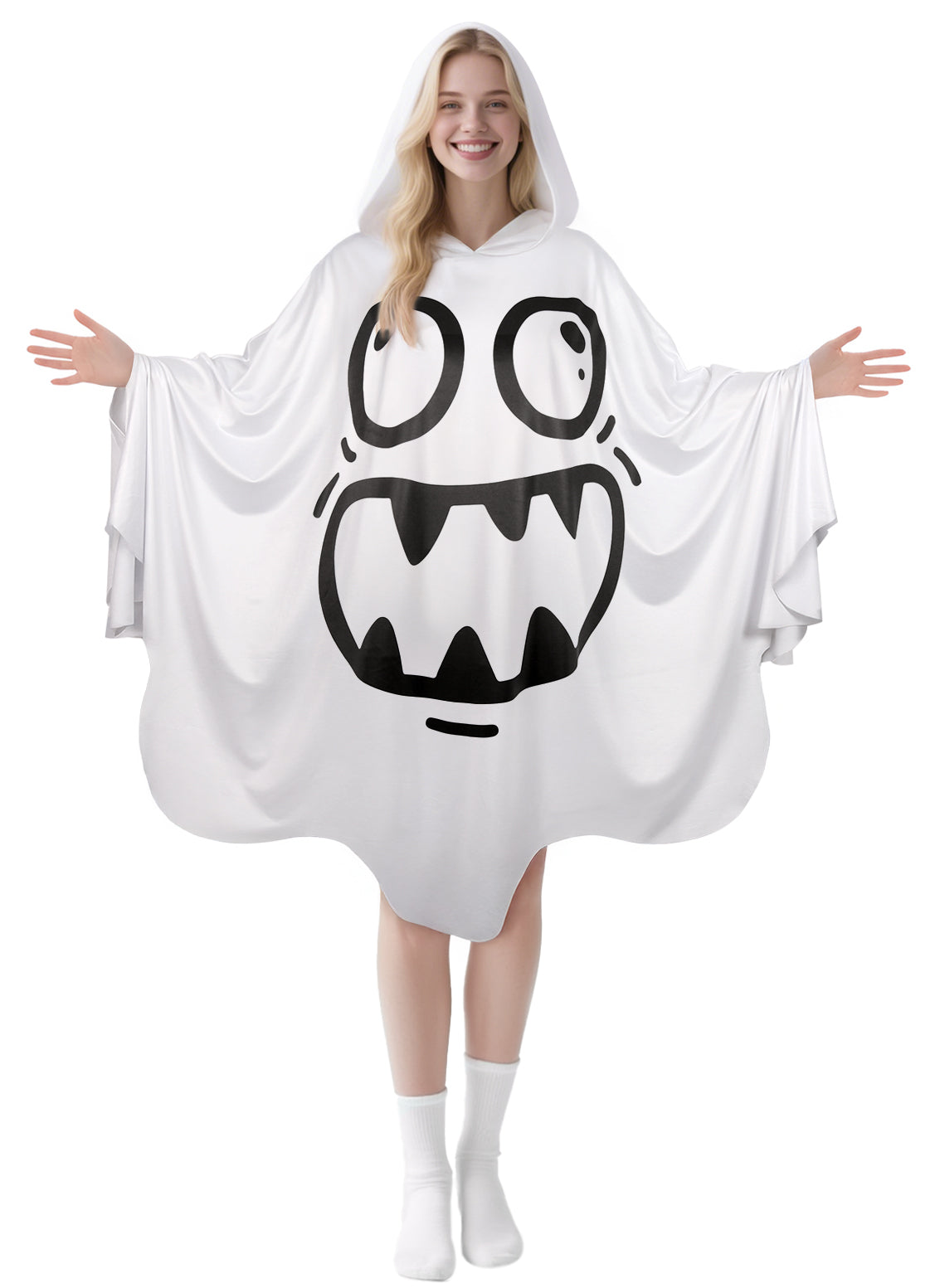 White Ghost Poncho Costume with Attached Hood