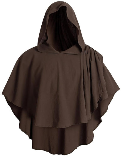 Medieval Fantasy Hooded Cloak Costume, Dark Brown Draped Layered Poncho, 1-Piece Outfit For Cosplay And Theme Events