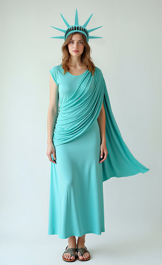 Turquoise draped sleeveless costume dress main product view