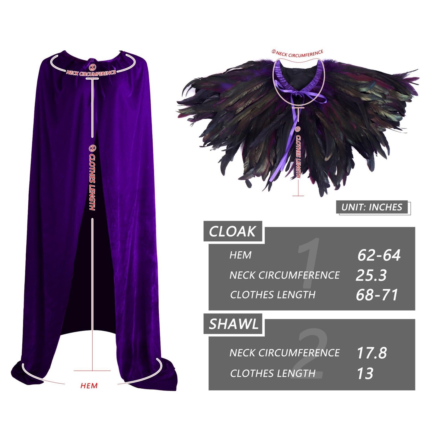 Unisex Solid Color Velvet Adult Cape with Real Natural Gothic Feather Cape