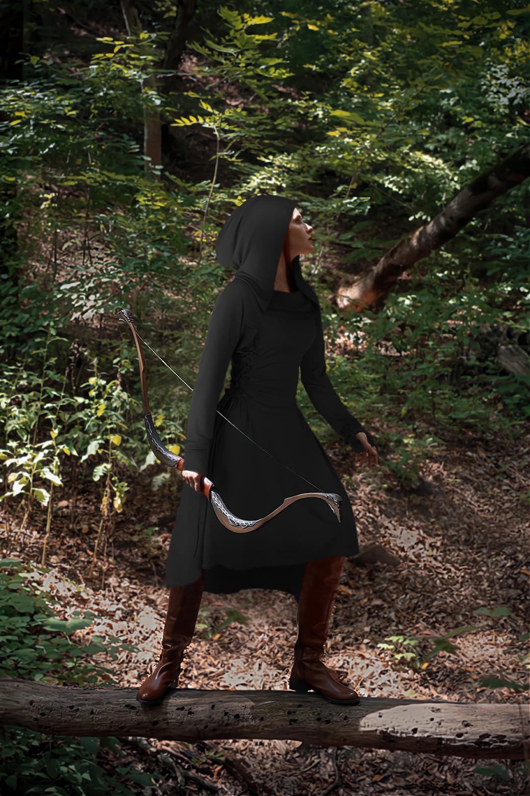 HOMELEX Renaissance Dress with Hood for Women - Medieval Ren Fair Hooded Cloak Halloween Robes Costume Black - HOMELEX