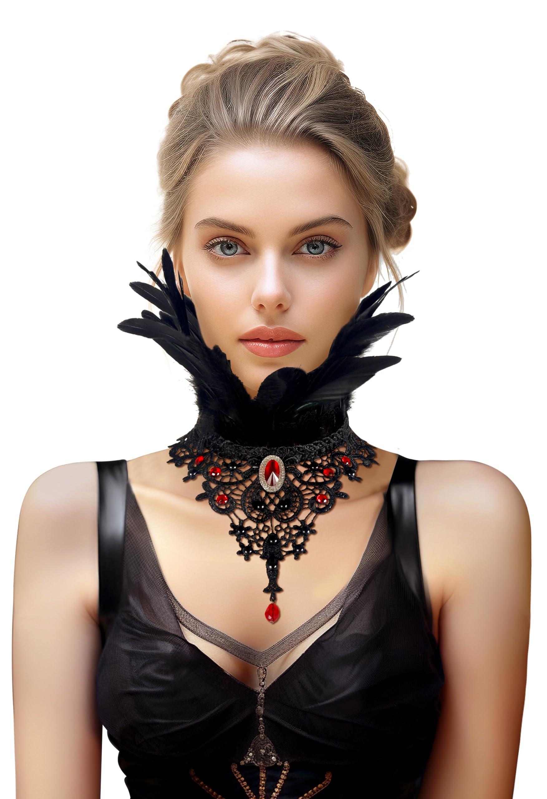 HOMELEX Gothic Victorian Black Natural Feather Collar Choker Halloween Shawl Cape - HOMELEX