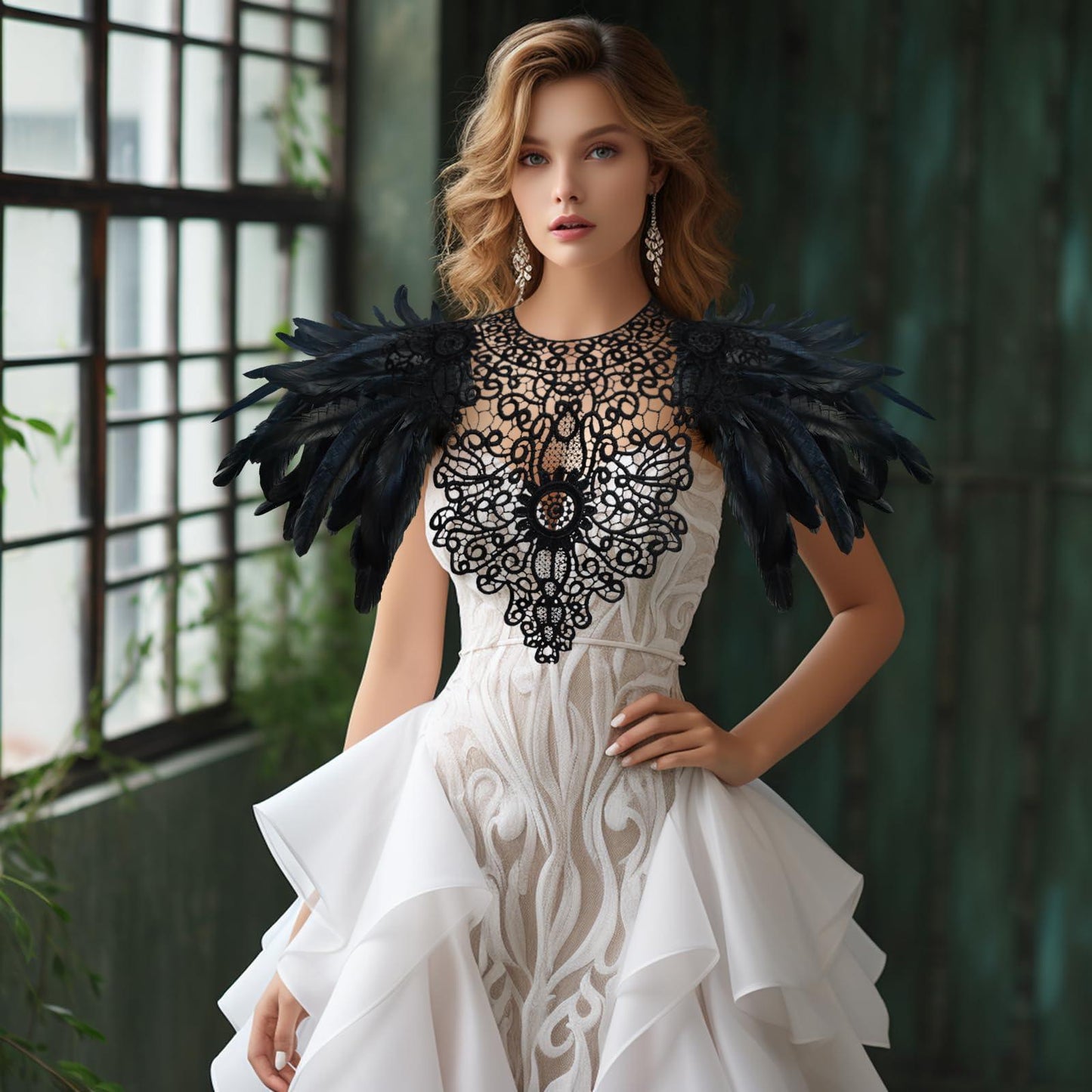 HOMELEX Shoulder Pad with Feathers Wings Halloween Witch Harness Carnival Costumes for Women Masquerade Raven Costume - HOMELEX