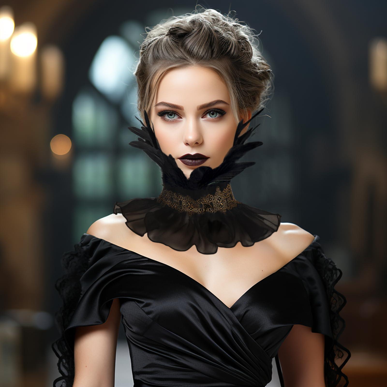 HOMELEX Gothic Victorian Black Natural Feather Collar Choker Halloween Shawl Cape - HOMELEX