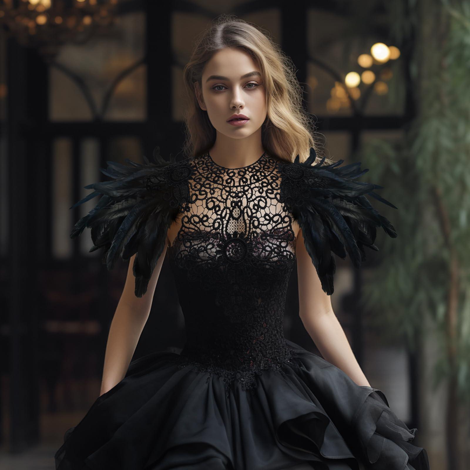HOMELEX Shoulder Pad with Feathers Wings Halloween Witch Harness Carnival Costumes for Women Masquerade Raven Costume - HOMELEX