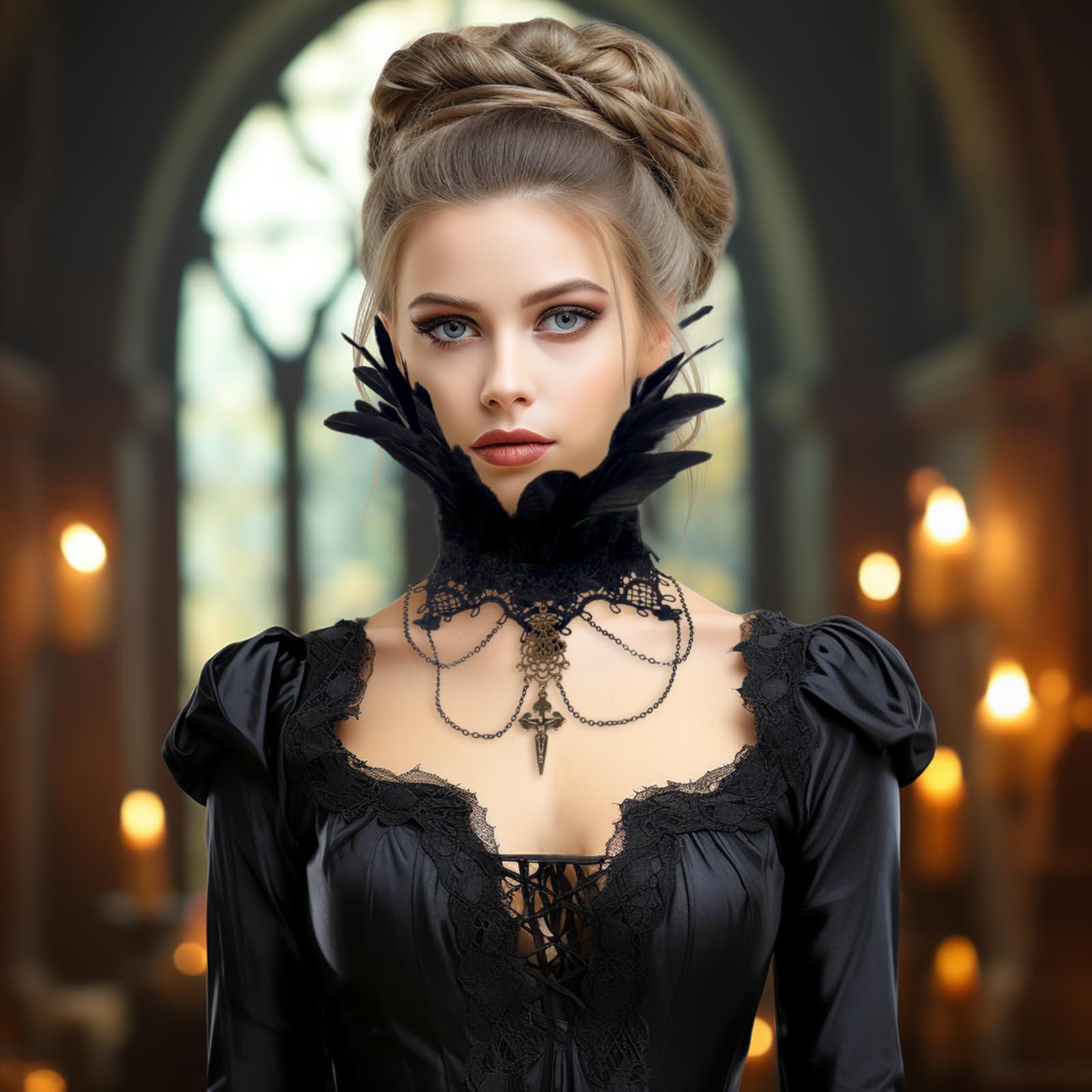 HOMELEX Gothic Victorian Black Natural Feather Collar Choker Halloween Shawl Cape - HOMELEX