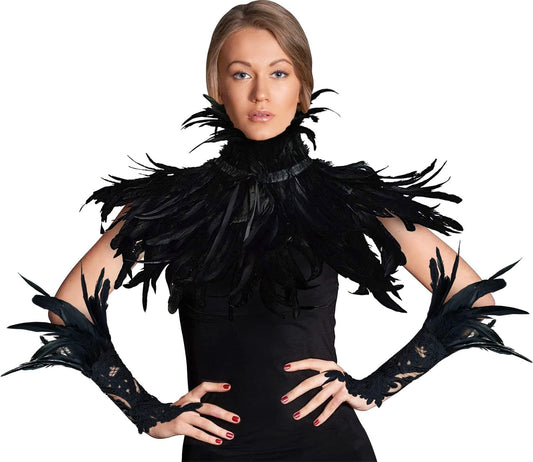 HOMELEX Black Feather Cape Collar with 2 Pack Feather Lace Long Gloves Witch Halloween Costume for Women - HOMELEX