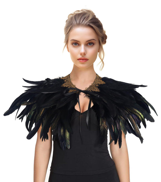 HOMELEX Black Witch Feather Collar Crow Shawl Costume Halloween Swan Wings Accessories Cape for Women - HOMELEX