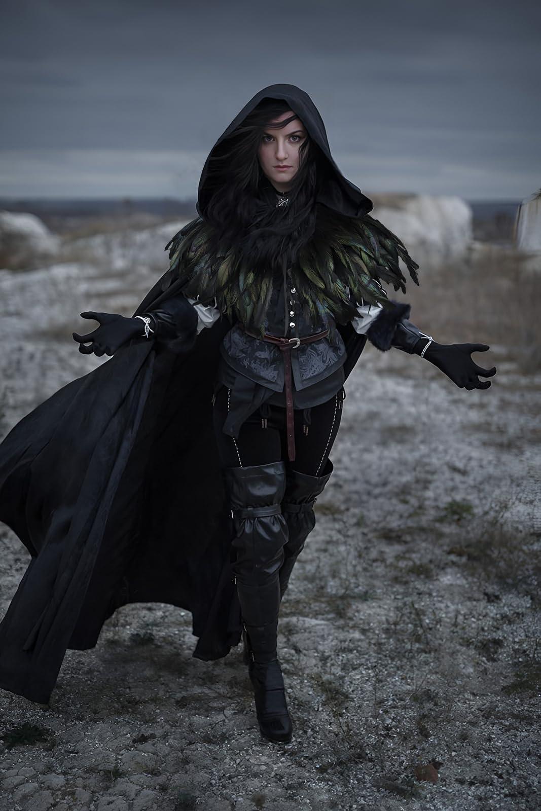 HOMELEX Unisex Solid Velvet Adult Full Length Hooded Robe Cape with Classic Gothic Feather Cloak Suit - HOMELEX