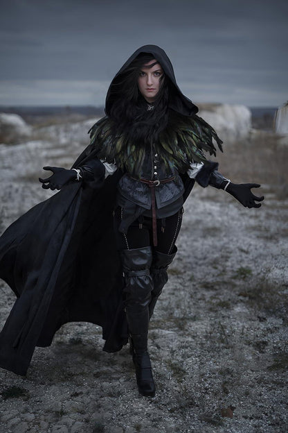 HOMELEX Unisex Solid Velvet Adult Full Length Hooded Robe Cape with Classic Gothic Feather Cloak Suit - HOMELEX