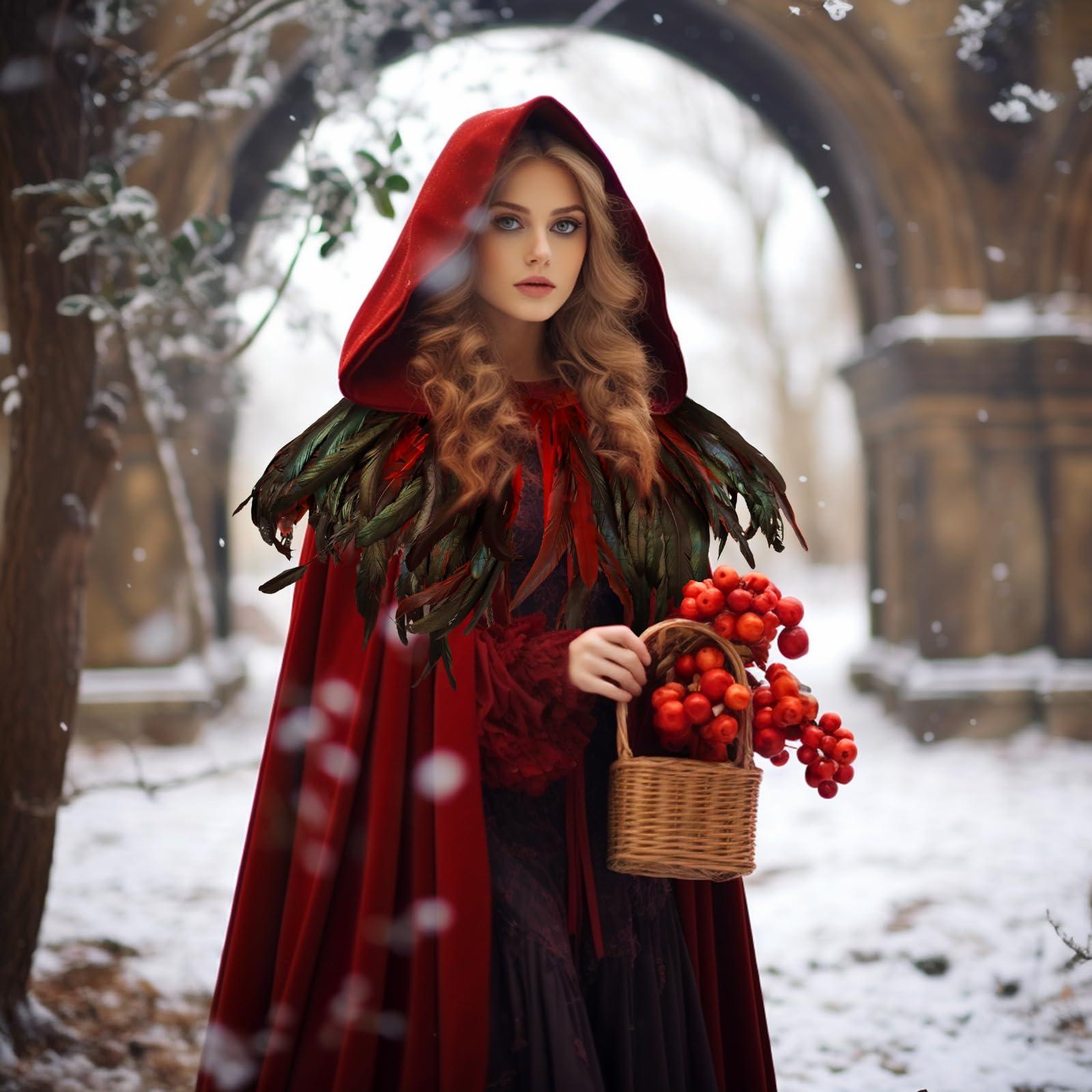 HOMELEX Unisex Solid Velvet Adult Full Length Hooded Robe Cape with Classic Gothic Feather Cloak Suit - HOMELEX