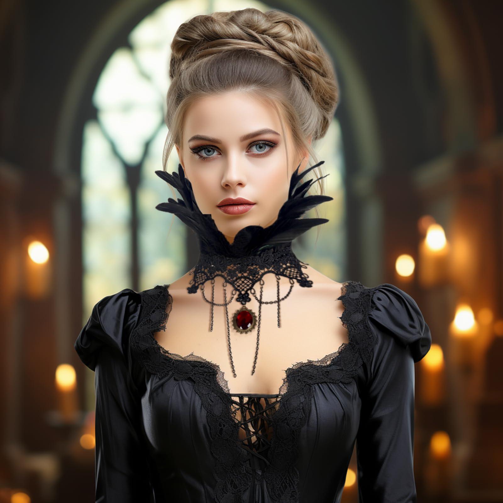 HOMELEX Gothic Victorian Black Natural Feather Collar Choker Halloween Shawl Cape - HOMELEX