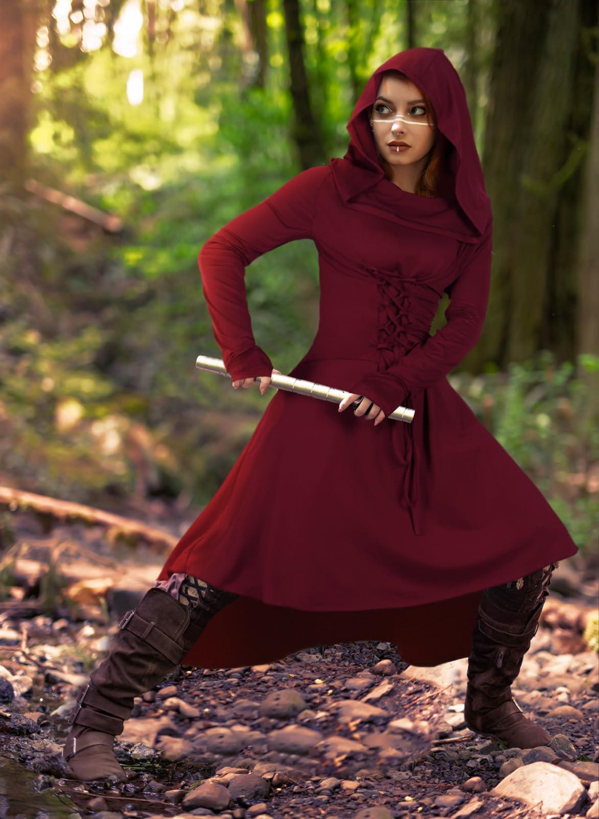 HOMELEX Renaissance Hood Dress for Women Medieval Ren Fair Halloween Hooded Cloak Robes Costume - HOMELEX