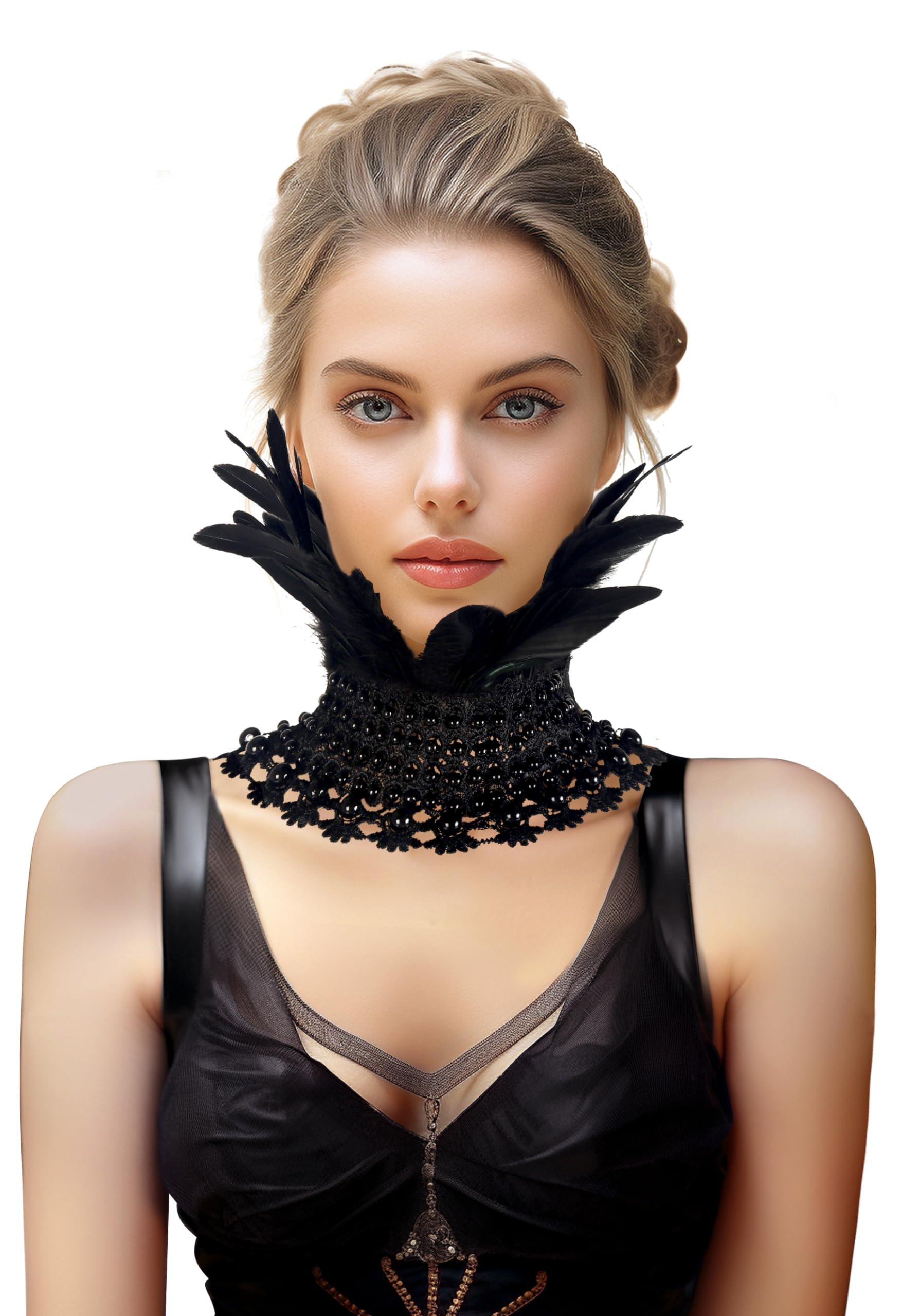 HOMELEX Gothic Victorian Black Natural Feather Collar Choker Halloween Shawl Cape - HOMELEX
