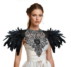 HOMELEX Black Feather Shoulder Wings with Lace Collar Bib, Gothic Raven Witch Costume Accessory for Women