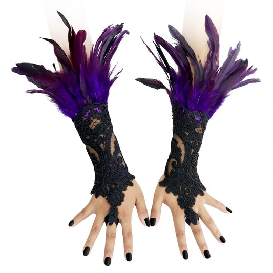 HOMELEX Women Black Lace Feather Gloves Witch Angel Costume Accessories Swan Wings Wrist Bands - HOMELEX