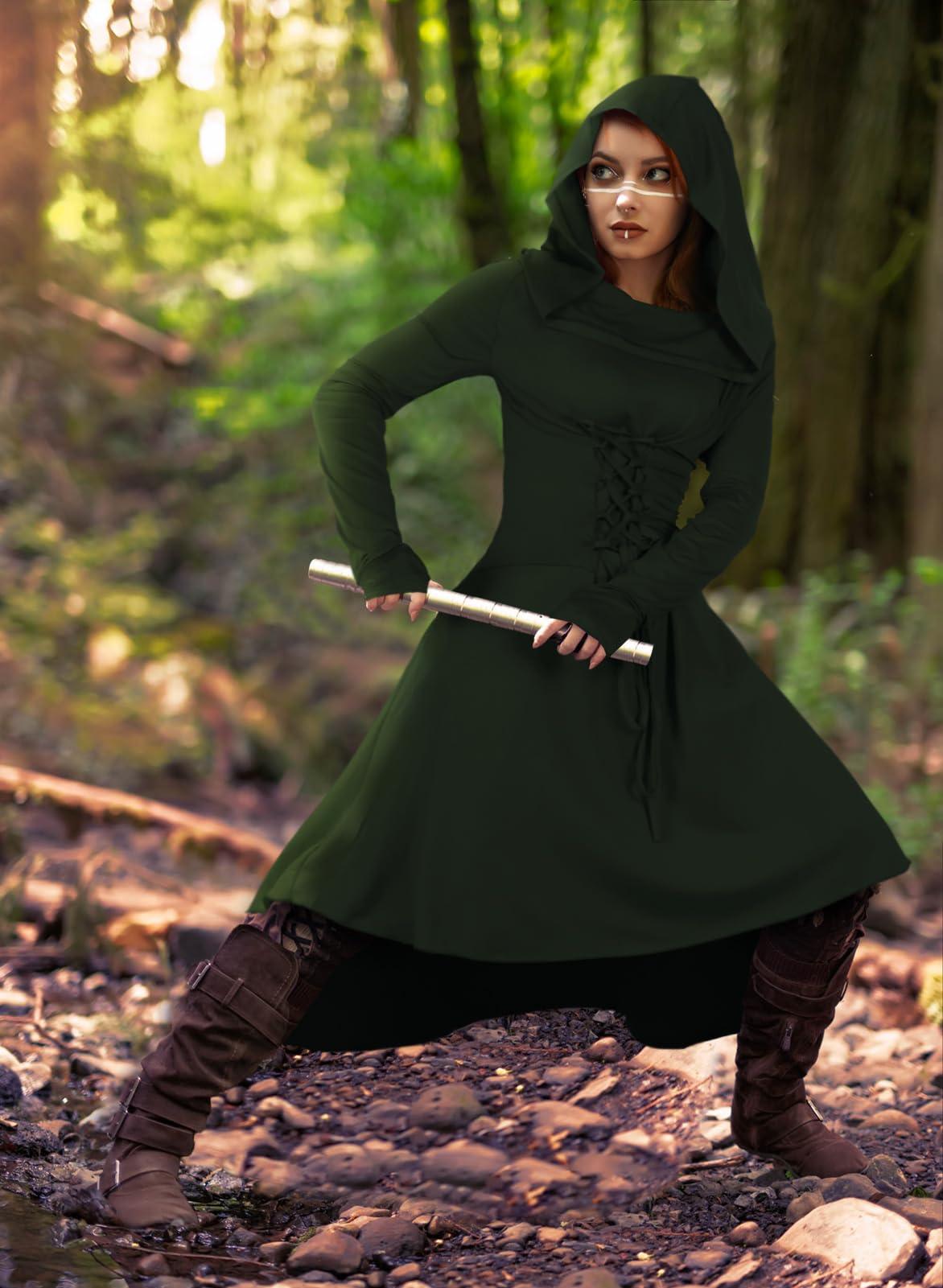 HOMELEX Renaissance Hood Dress for Women Medieval Ren Fair Halloween Hooded Cloak Robes Costume - HOMELEX