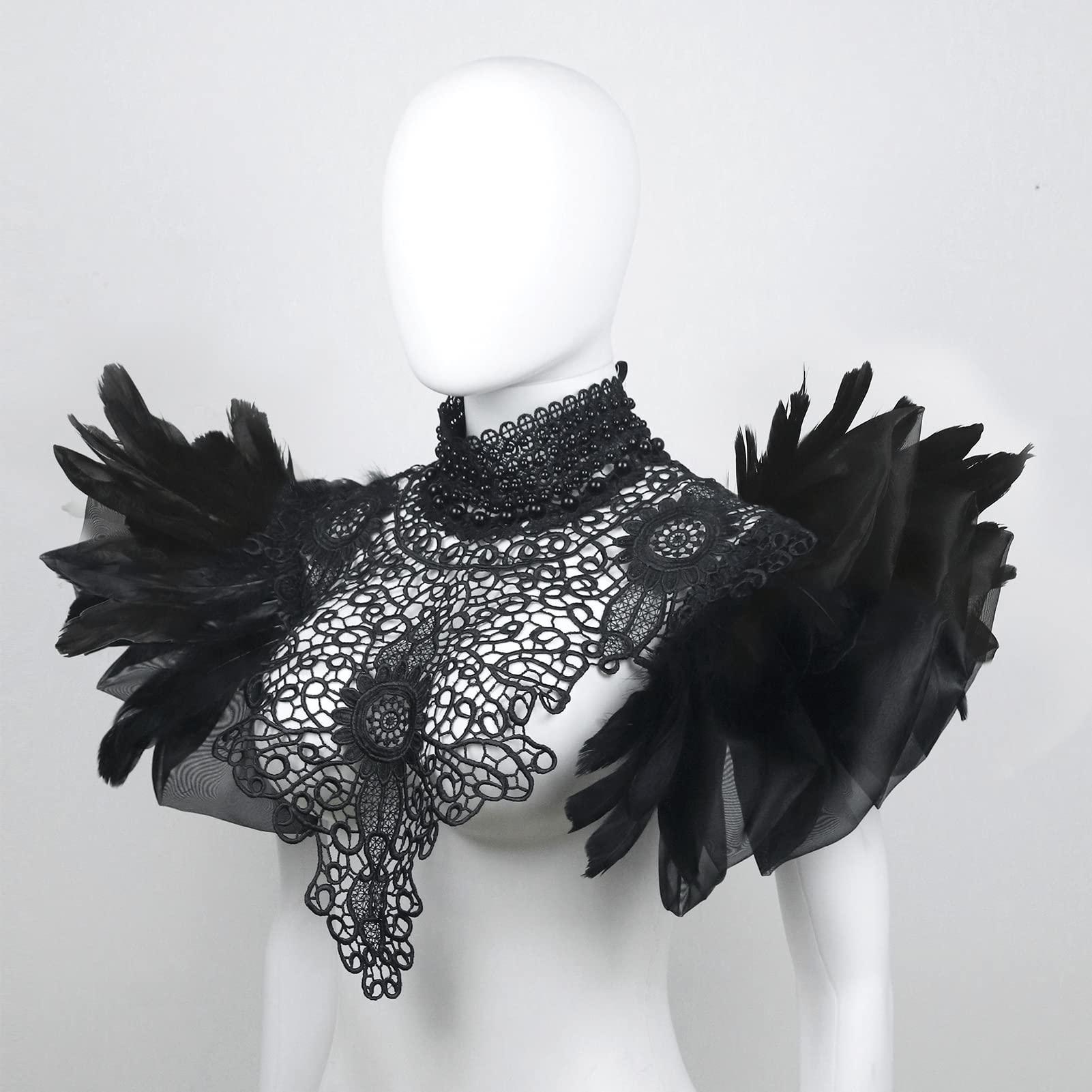 HOMELEX Feather Shawl Collar with Gothic Victorian Natural Feathers Cape Choker Halloween Costumes (Black-Style-3) - HOMELEX