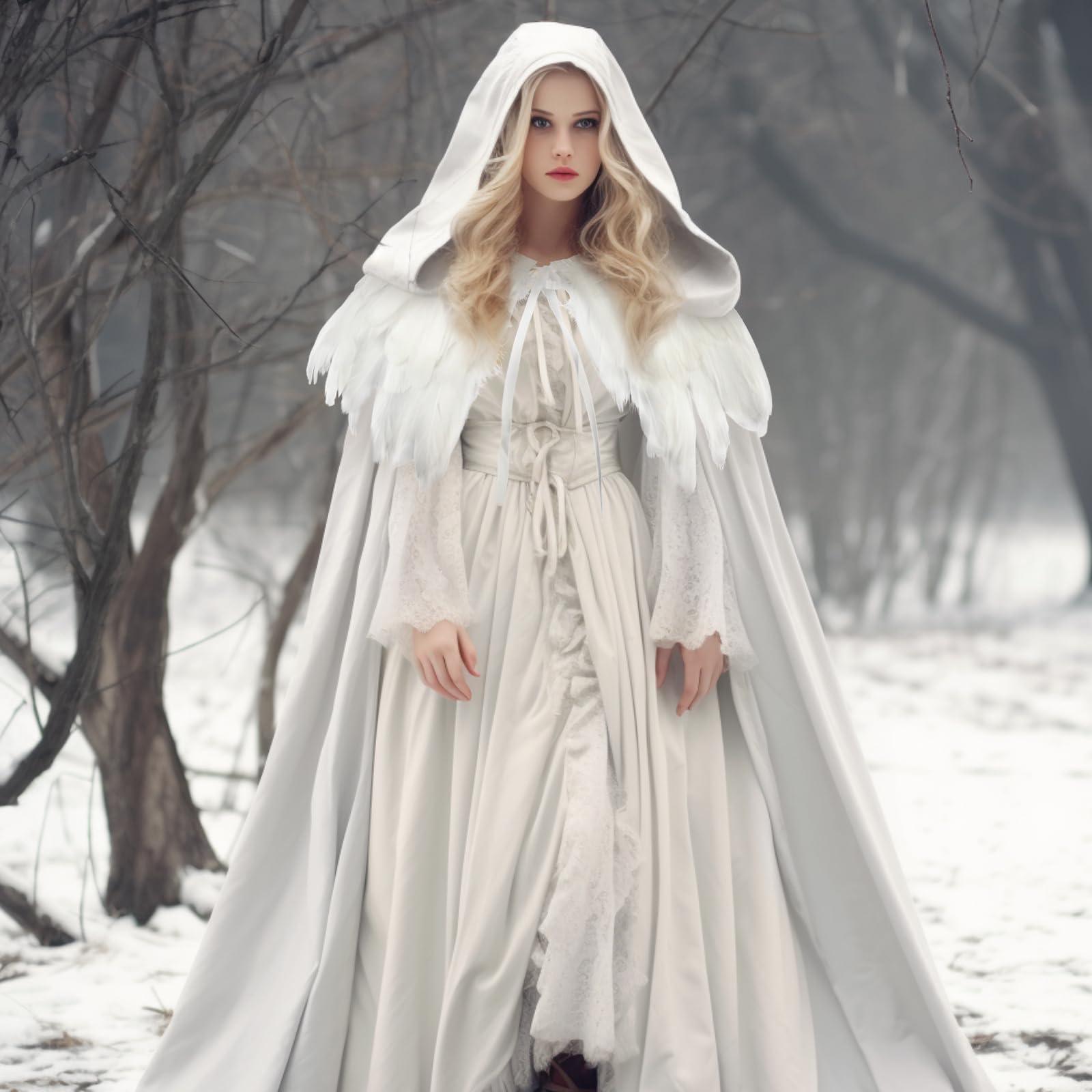 HOMELEX Unisex Solid Velvet Adult Full Length Hooded Robe Cape with Classic Gothic Feather Cloak Suit - HOMELEX