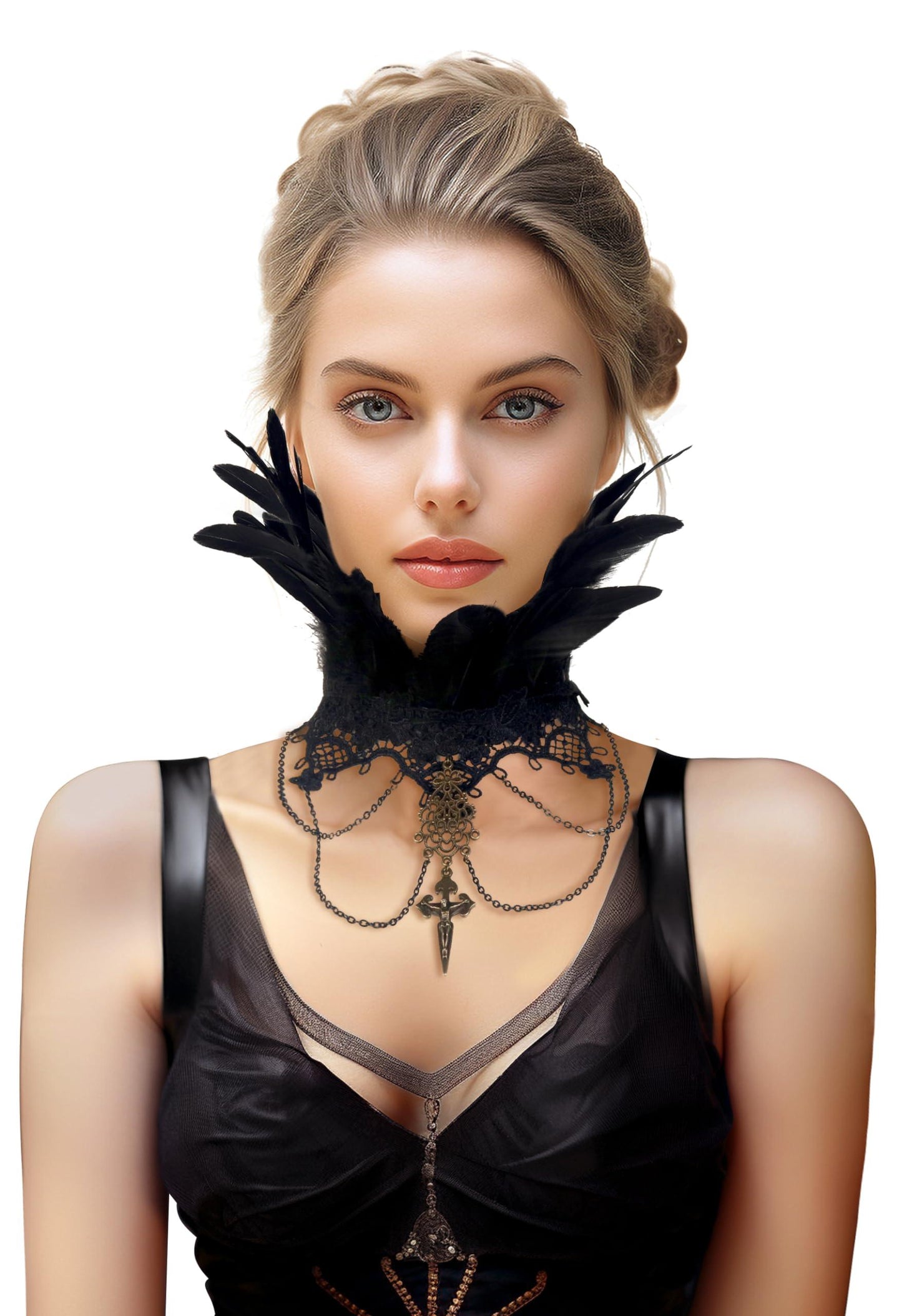 HOMELEX Gothic Victorian Black Natural Feather Collar Choker Halloween Shawl Cape - HOMELEX
