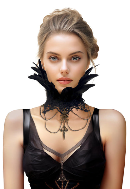 HOMELEX Gothic Victorian Black Natural Feather Collar Choker Halloween Shawl Cape - HOMELEX