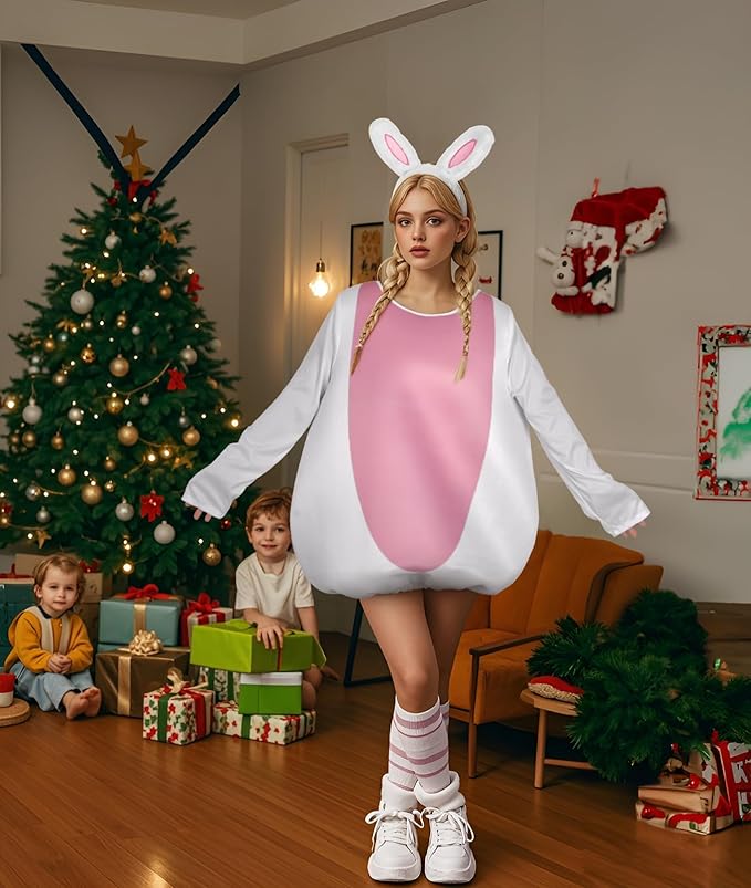 HOMELEX Rabbit Costume Unisex Adult Woman Halloween Animals Jumpsuit One-Piece with Rabbit Ears