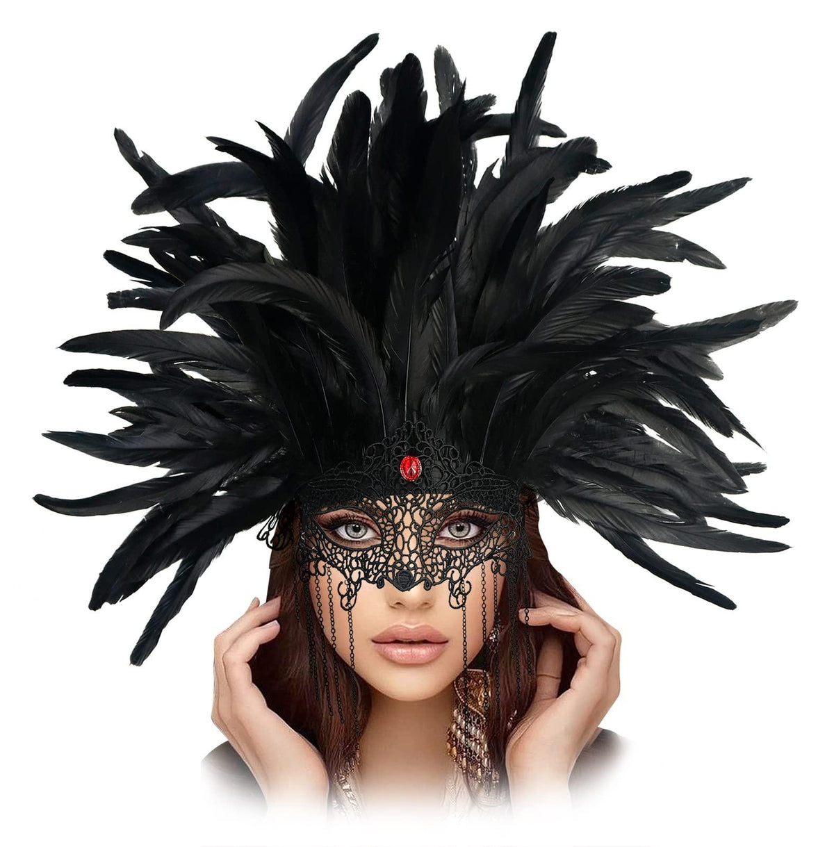 Black feather masquerade mask with lace eye covering, dangling chains, and a red oval accent shown on a model