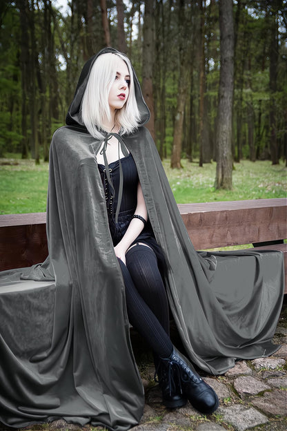 HOMELEX Black Witch Velvet Cloak Halloween Hooded Cape Queen King Robe Outfit Renaissance Medieval Costume