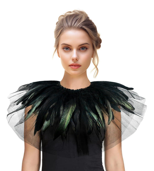 Feather Lace Shawl for Women - Gothic Feathers Crow Costume Witch Halloween Cape Accessories - HOMELEX