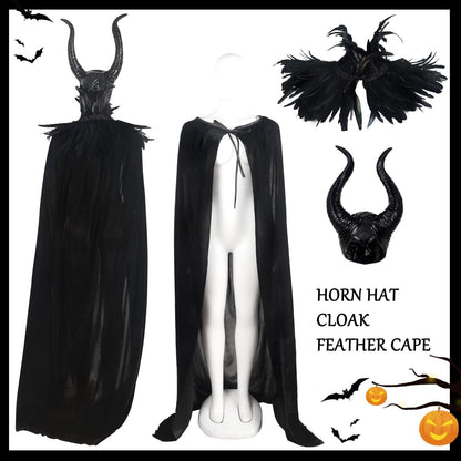 HOMELEX Evil Queen Horns with Feather Cape Shawl Set Black Halloween Costume for Women - HOMELEX