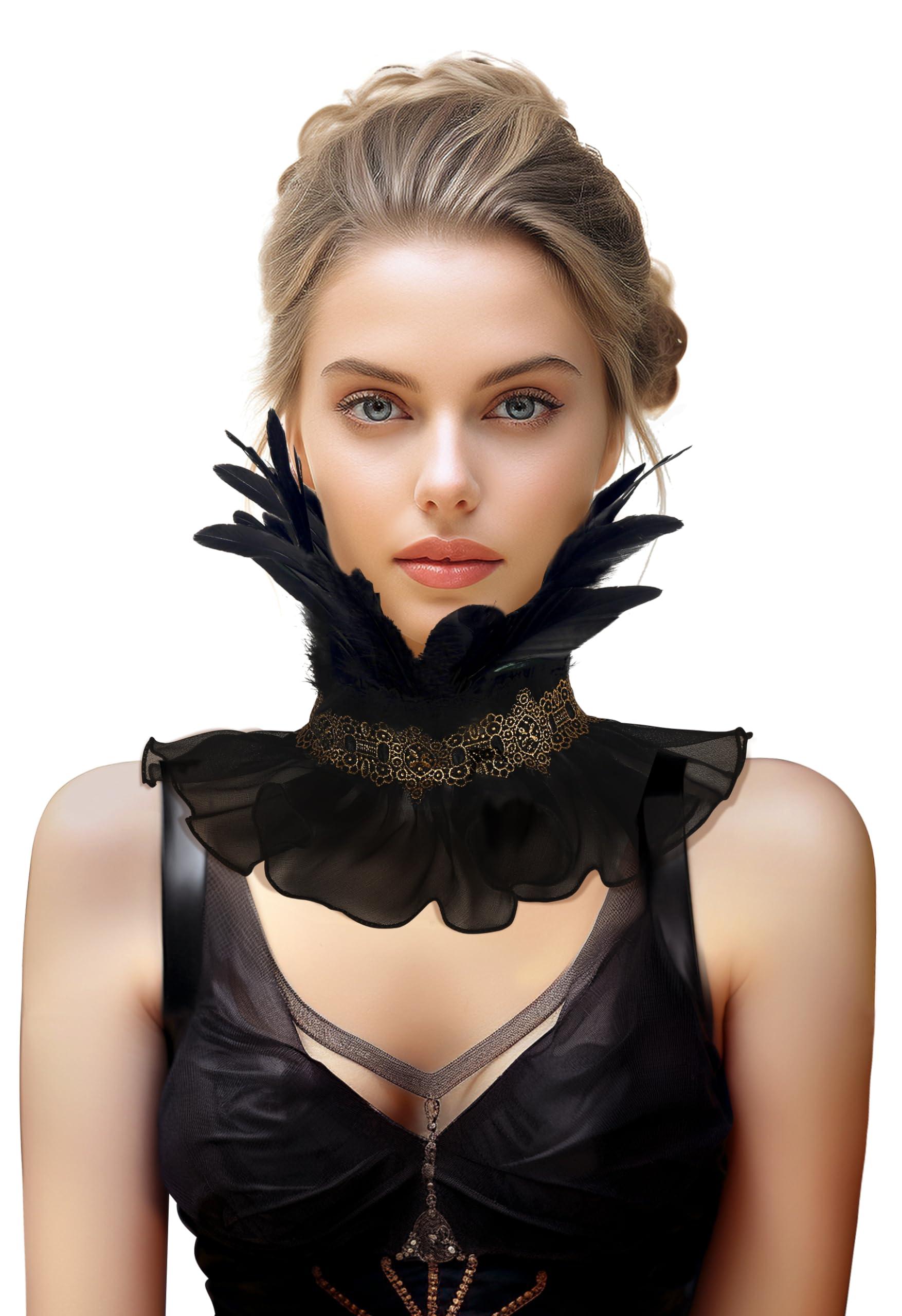 HOMELEX Gothic Victorian Black Natural Feather Collar Choker Halloween Shawl Cape - HOMELEX