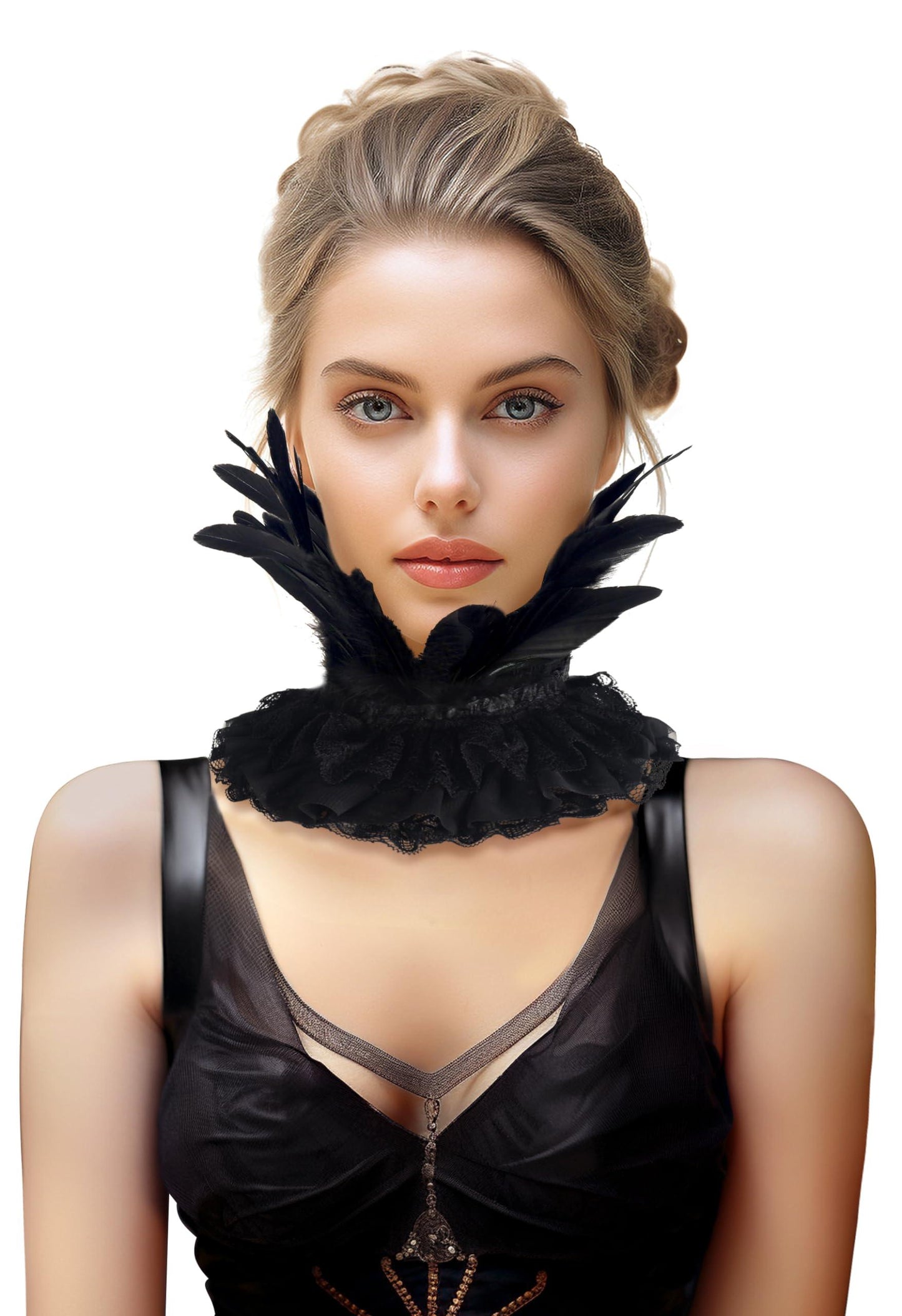 HOMELEX Gothic Victorian Black Natural Feather Collar Choker Halloween Shawl Cape - HOMELEX
