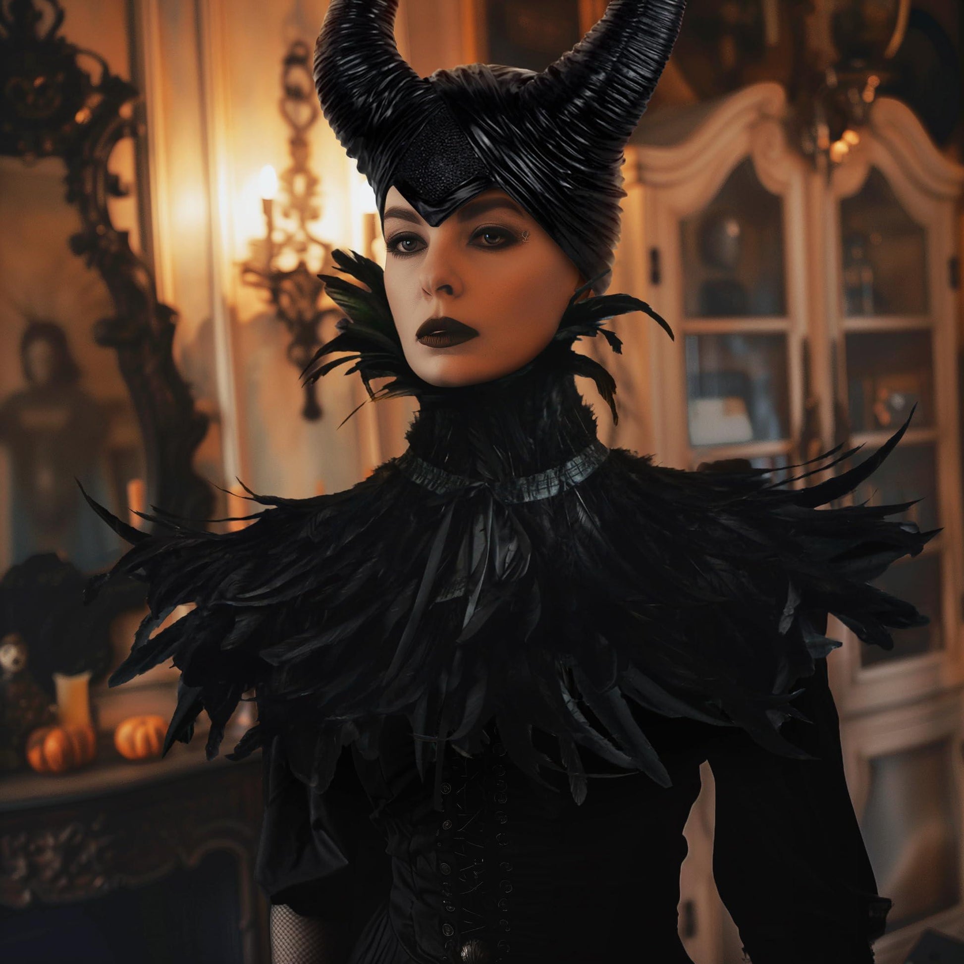 HOMELEX Evil Queen Feather Horns Costume for Women Black Cape Halloween Headpiece Shawl Accessories - HOMELEX