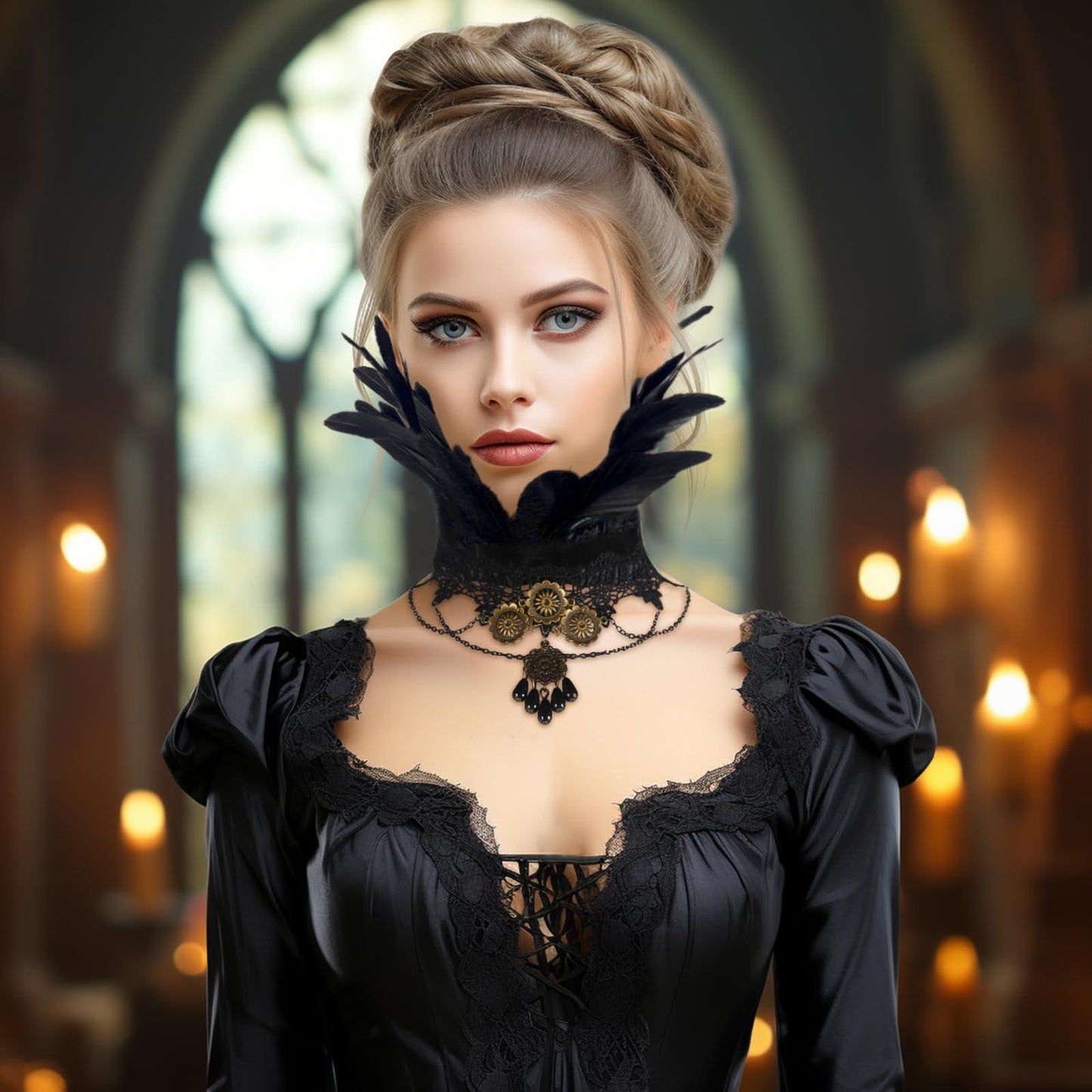 HOMELEX Gothic Victorian Black Natural Feather Collar Choker Halloween Shawl Cape - HOMELEX