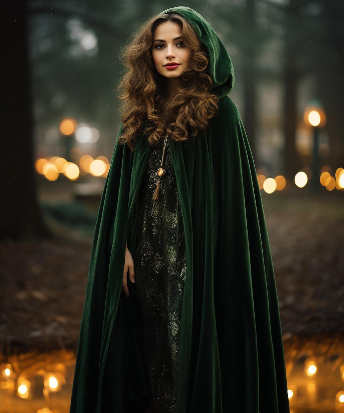 HOMELEX Black Witch Velvet Cloak Halloween Hooded Cape Queen King Robe Outfit Renaissance Medieval Costume - HOMELEX