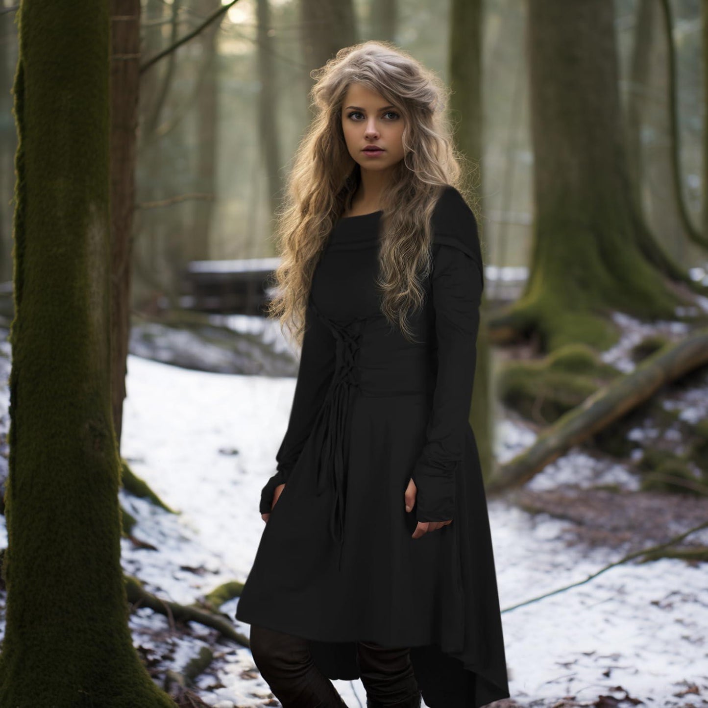 HOMELEX Renaissance Dress with Hood for Women - Medieval Ren Fair Hooded Cloak Halloween Robes Costume Black - HOMELEX