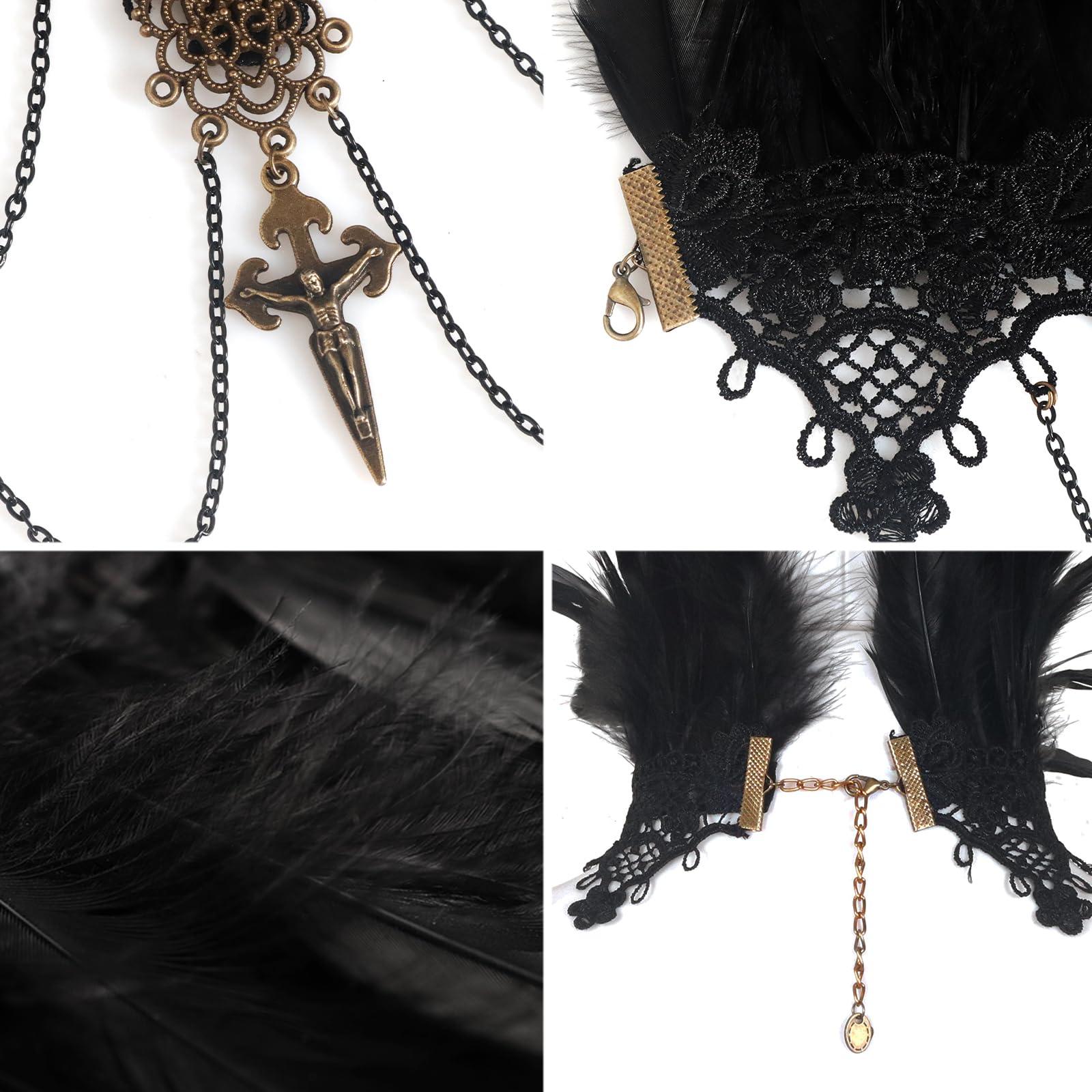 HOMELEX Gothic Victorian Black Natural Feather Collar Choker Halloween Shawl Cape - HOMELEX