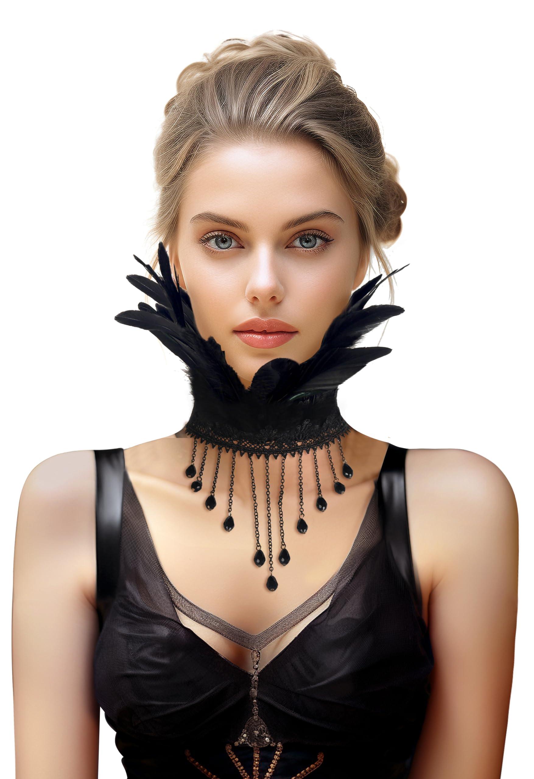 HOMELEX Gothic Victorian Black Natural Feather Collar Choker Halloween Shawl Cape - HOMELEX